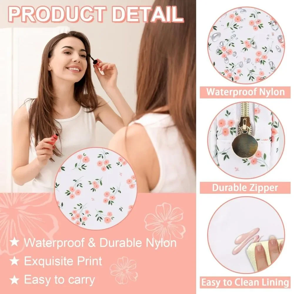 Waterproof Small Floral nylon Makeup Bag Pouch pink